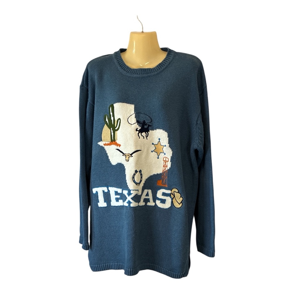 Milano Sport Graphic Texas Embroidered Sweater Retro Unique Art to Wear Blue Lrg